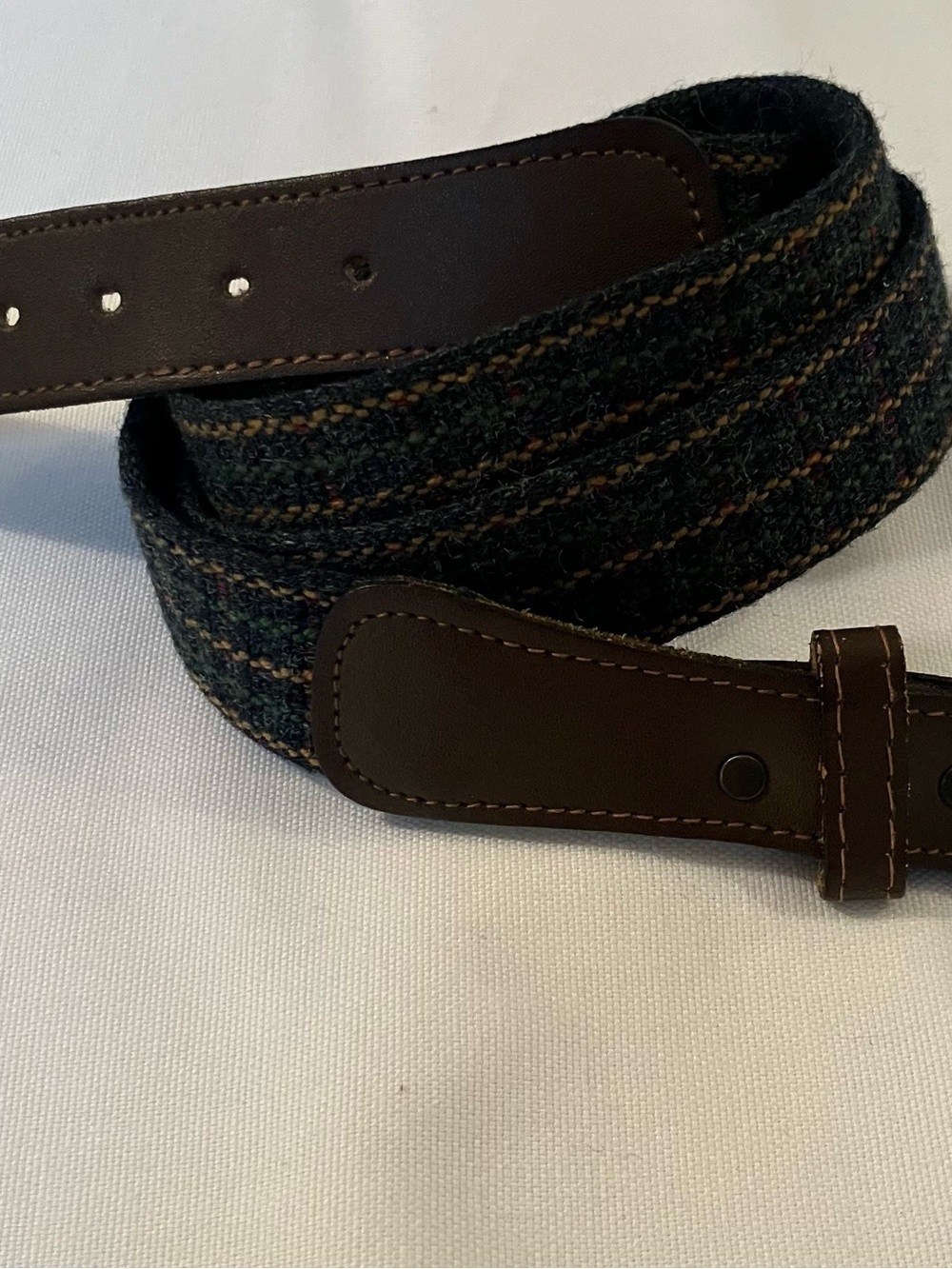 Men’s Brown Leather Brass Tone Belt Wool Tartan Plaid Navy Green 36 Preppy